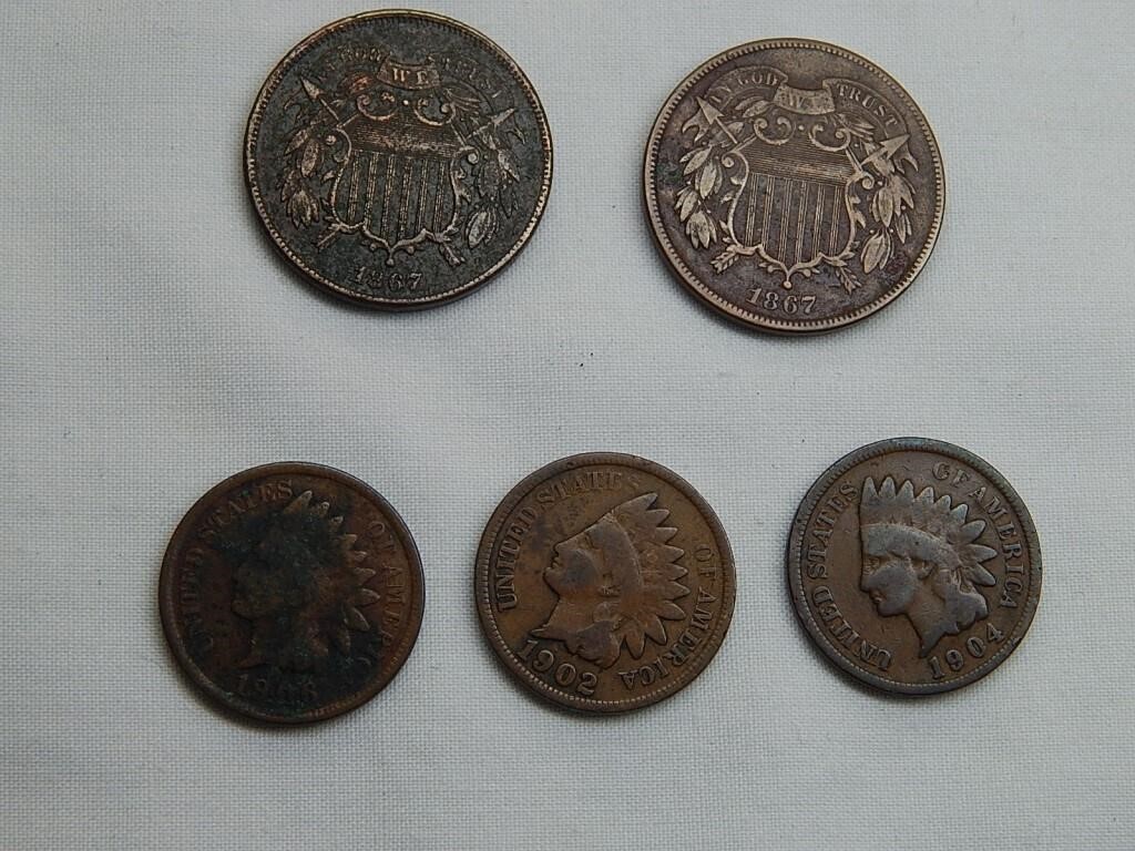 1867 Two Cent Coins & Indian Head Pennies