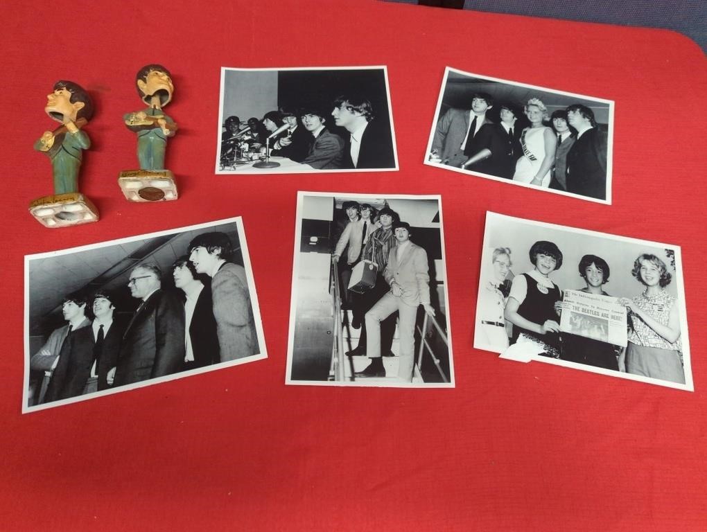 Lot of Beatles memorabilia pictures, bobbleheads