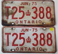 Pair of 1975 Red & White Ontario License Plates