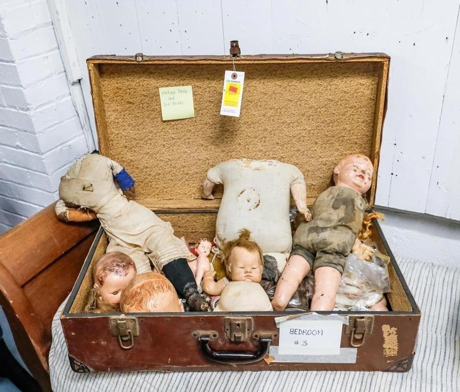 Vintage Trunk w/Vintage Dolls & Doll Parts