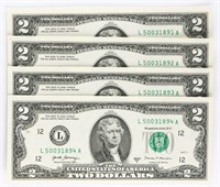 (4) x NEW CONSECUTIVE $2 BILLS