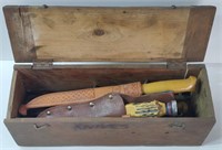 Wooden Box Full of Hunting/Fishing Knives