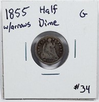 1855 w/arrows  Seated Liberty Half Dime   G