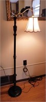 Wooden floor lamp w/ fabric shade & gimp trim,