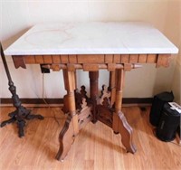 Antique carved oak parlor table w/ marble top &