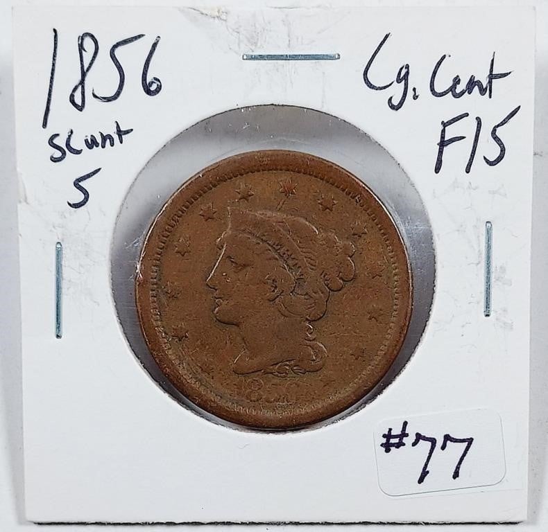 1856 Slant 5  Large Cent   F