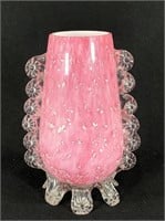 Cased Pink Murhinna Glass Vase w Floral Rigaree