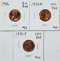 1936 P-D-S  Lincoln Cents   Unc  Red