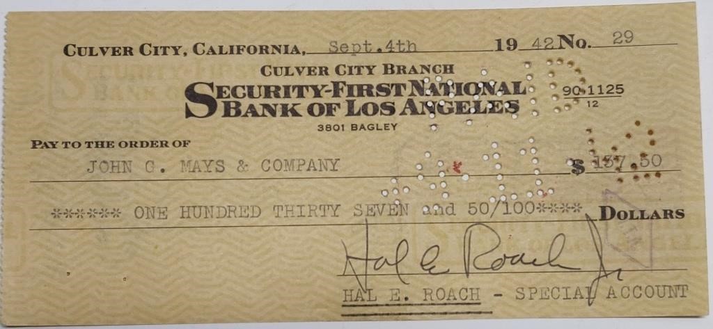 Hollywood Producer Hal Roach Signed Check