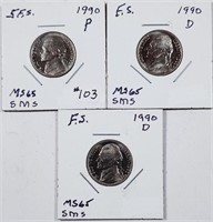 1990-P & 2 1990-D  Jefferson Nickels  MS-65  FS