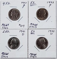 4  1991-P & D  Jefferson Nickels  MS-64 & 65  FS