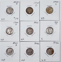 Lot of 9  Mercury Dimes   1940-D - 1942