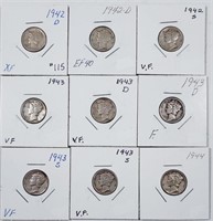 Lot of 9  Mercury Dimes   1942-D 1944