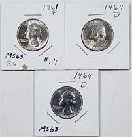 1961 & 2  1964-D  Washington Quarters   MS