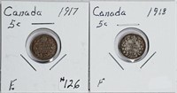 1917 & 1918  Canada  5 Cents   F