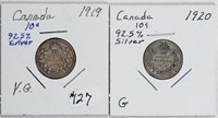 1919 & 1920  Canada  10 Cents   VG & G