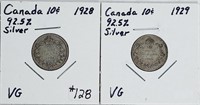 1928 & 1929  Canada  10 Cents   VG