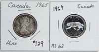 1965 & 1967  Canada  25 Cents   Unc & MS