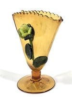 Amber Art Glass Fan Vase w Applied Flowers