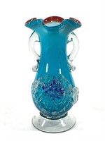 Blown Art Glass Vase w Applied Flower & Handles