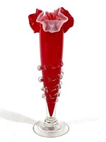 Ruffled Red Art Glass Vase w/ Clear Glass Banding
