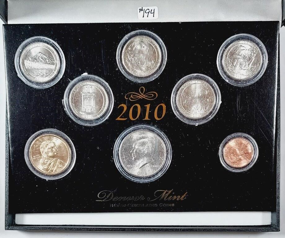 8 Uncirculated  2010 Denver Mint coins in display