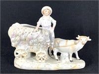 Bisque Porcelain Figurine Boy w/ Cow & Cart