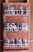Homemade wood & wire rack w/ 14 jars of assorted