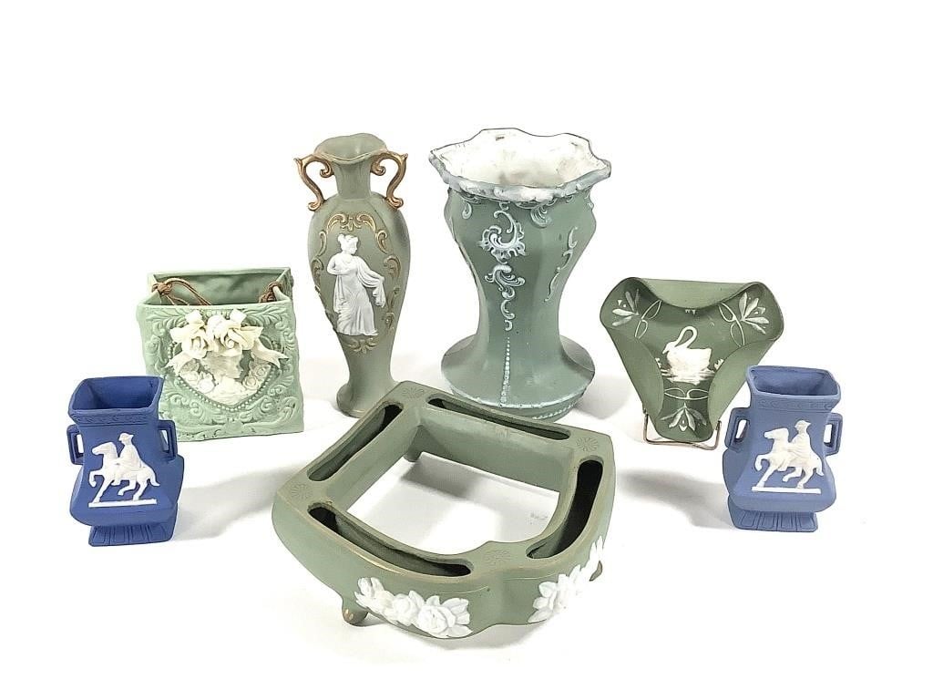 7 Pcs Green, Blue Bisque Jasperware Vases +