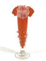 Ruffled Orange Art Glass Vase w/ Clear Banding