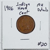 1906  Indian Head Cent   AU- details  cleaned