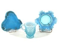 3 Pcs Blue Hobnail + Glass Dish, Pitcher, Tray