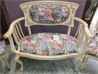 small vintage settee w/tapestry uphl.  39x34