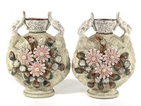 Pr Sanded Majolica Vases w Head Handles, Florals +