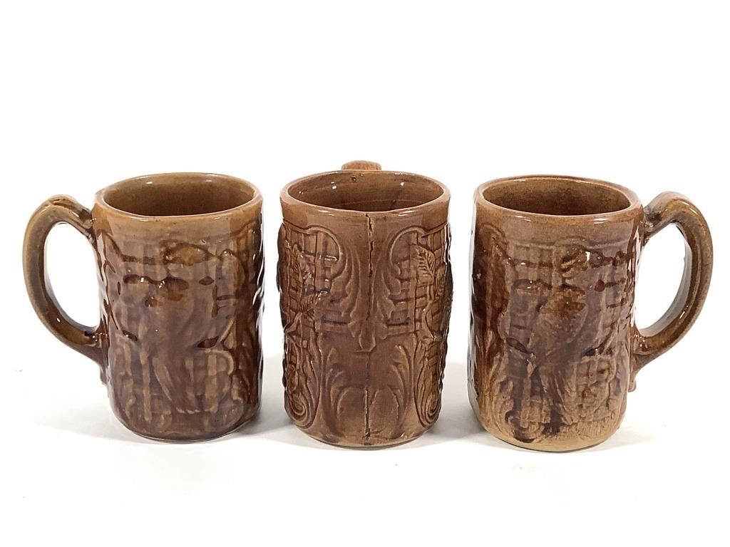 3 Stoneware Mugs w Brown Glaze, Parrots