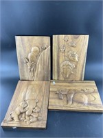 4 Pieces of relief carved wood décor 12 1/8" x 8.5