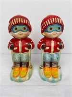 Vtg Pair of Hand Painted Ceramic Skier Piggy Banks