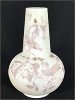 Painted Satin Milk Glass Vase w/ Coralene Birds +