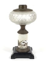 Composite Oil Lamp w Scenic Pedestal, Frosted Font