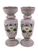 Pr Blown Glass Bristol Slag Vases w Painted Floral