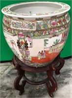 11 - ASIAN PORCELAIN PLANTER W/ WOODEN STAND (H2)