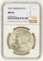 Coin 1921(P) Morgan Silver Dollar-NGC-MS64