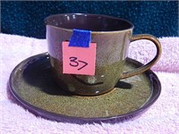 Green Clay Pottery Cup w/ Saucer