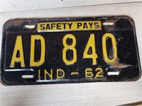 Indiana 62 safety pays license plate
