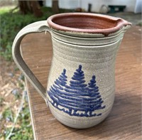 Artisan Signed Blue Evergreen Trees Pottery Pitche