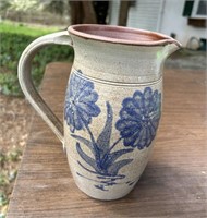 Artisan Signed Blue Salt Glaze Flowers Pottery Pit