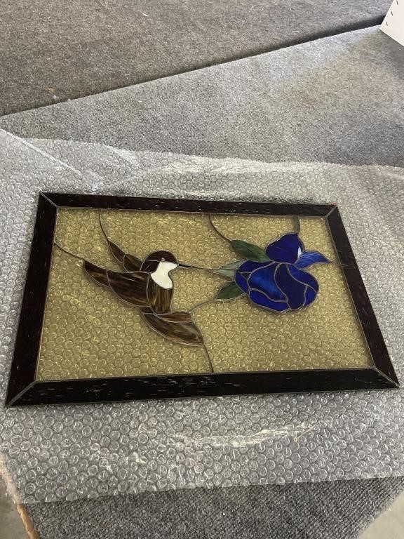 Stained glass wall art hummingbird and flower