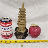 Vintage Stone Carved Art Red Apple & Asian Pagoda