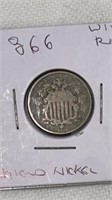 1866 Shield Nickel with rays (1st year)