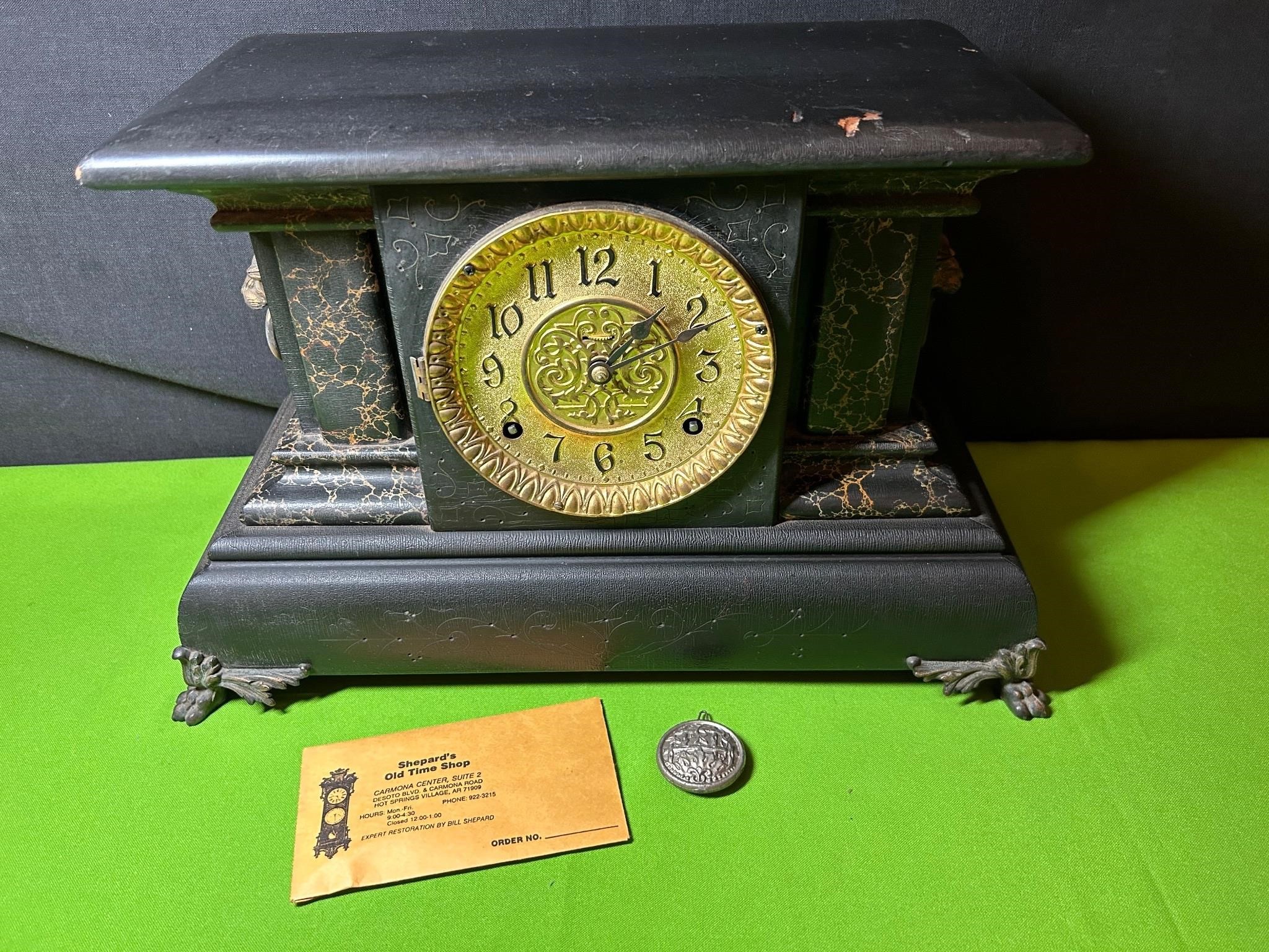 Antique Ingraham Mantel Clock, Faux Marble